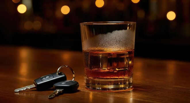 Glass of whiskey next to car keys on wooden bar, concept drinking and driving