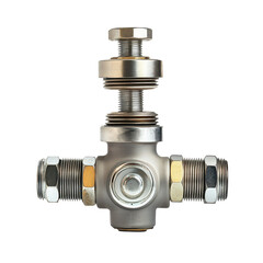 A stainless steel ball valve positioned on a gray background, showcasing its sleek design and metallic finish.