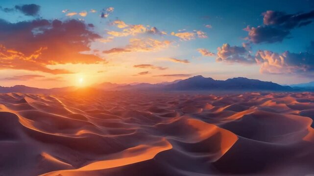 A beautiful sunset over a desert landscape. The sky is filled with clouds and the sun is setting, casting a warm glow over the sand dunes. The scene is serene and peaceful