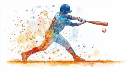 Baseball player hitting, watercolor splash, field, action