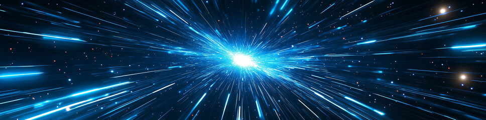 Naklejka premium A bright light at the center of a blue and black abstract space with lines and small stars around it