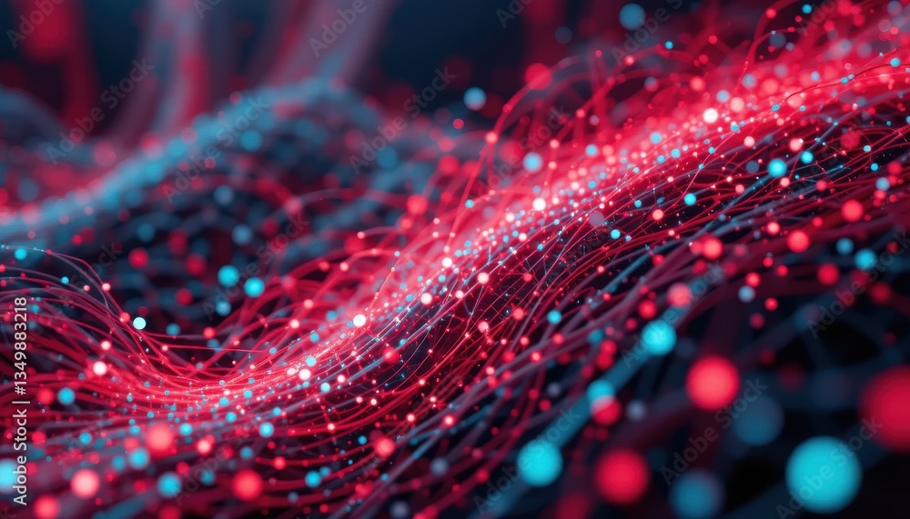 Poster abstract data stream red and turquoise nodes, intricate network visualization