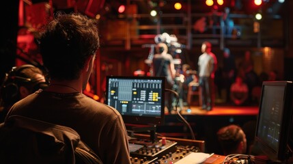 Obraz premium A man is standing in front of a sound board with a microphone in front of him