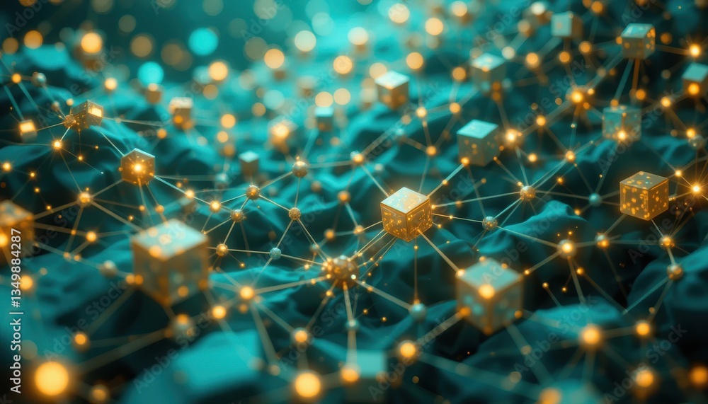 Poster dynamic 3d visualization teal and gold network of glowing cubes and connections