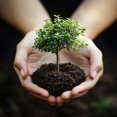 Small tree held in cupped hands, representing nurturing and growth