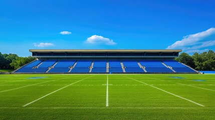 Empty sports stadium featuring empty blue seats and lush field