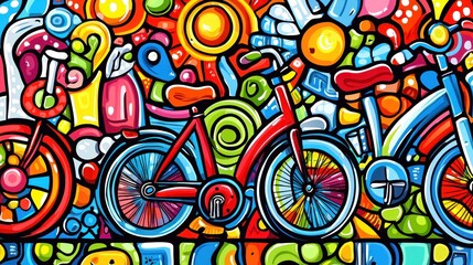 Fototapeta premium Colorful doodle bikes in urban street art style