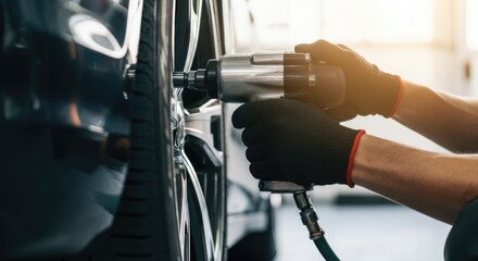 Mechanic using power tool to work on car tire