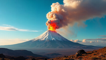 Volcano eruption. Scenic view of an active volcano from distance