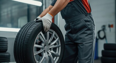 Obraz premium Mechanic in gloves handling car tire, auto workshop
