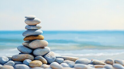 Fototapeta premium Serene Beach Stones Stack: A Coastal Meditation