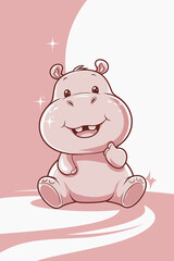 Adorable Cartoon Hippo with a Cheerful Expression on Soft Pink Background