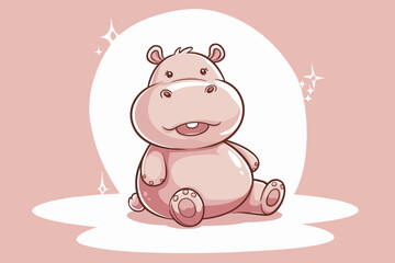 Cute Cartoon Hippo Sitting Cheerfully Against a Soft Pink Background