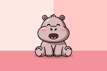 Cute Cartoon Hippo Sitting Cheerfully with a Big Smile on a Soft Pink Background