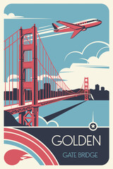 Stylized Illustration of Golden Gate Bridge with Airplane and Retro Color Palette