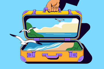 Colorful Illustration of a Hand Holding an Open Suitcase with a Scenic Beach View and Seagulls