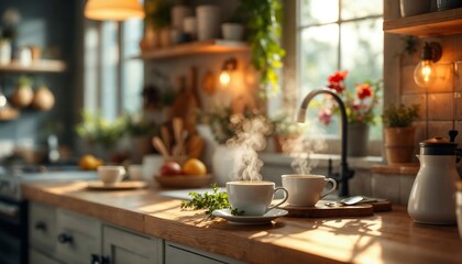 Warm Kitchen Scene with Steaming Coffee Cups
