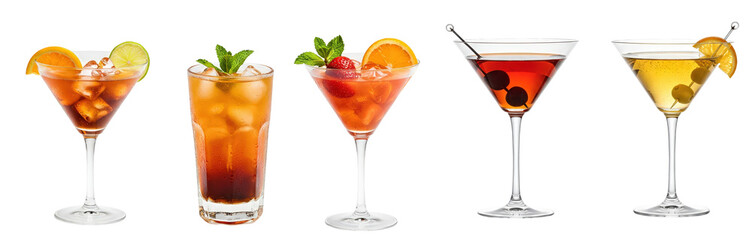 Cuba Libre, strawberry daiquiri, manhattan, Stormy cola rum cocktail PNG set, transparent isolated background, bar, restaurant menu cocktails icon, colorful vibrant refreshing drink with garnish 