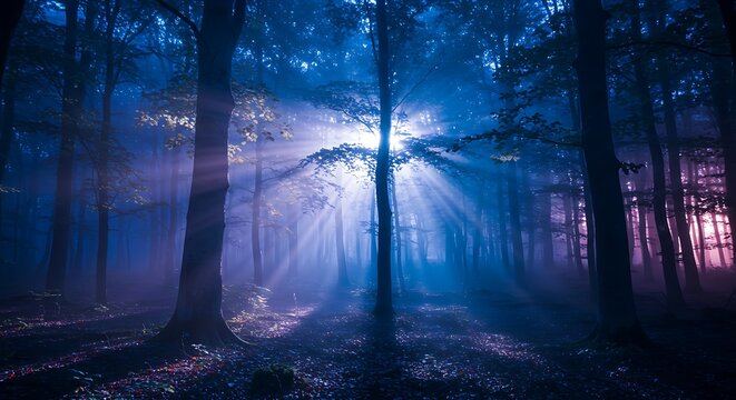 A magical forest at twilight, where trees are bathed in an ethereal blue and purple glow