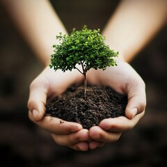 Small tree in hands holding soil