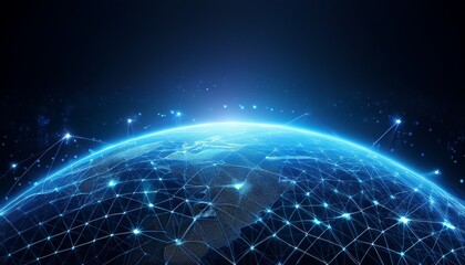 Glowing blue earth horizon in space with network links for global tech communication dark backdrop with light effects