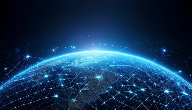 Glowing blue earth horizon in space with network links for global tech communication dark backdrop with light effects - Powered by Adobe