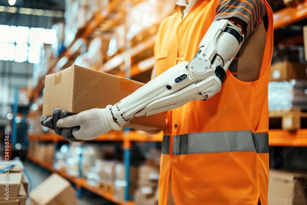 Poster warehouse worker wearing a high-visibility vest and robotic prosthetic arm lifting a cardboard box. 