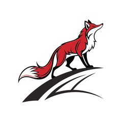 Bold Red Fox Logo Design  Standing on Rock Vector Illustration