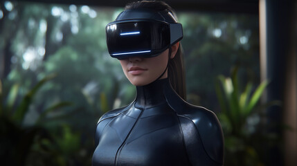 Woman in sleek black outfit wears a VR headset in a lush environment, illustrating the blend of technology and nature. 