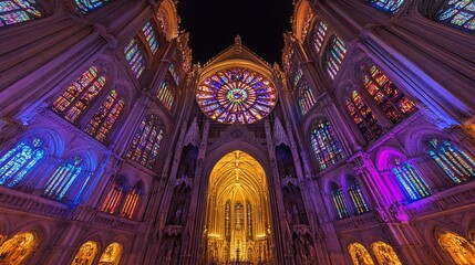 Obraz premium Gothic cathedral interior; Stained glass, upward gaze, colorful illumination, dark sky