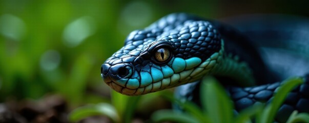 Fototapeta premium Dark blue scales glisten in sharp focus as viper's face is framed by grassy undergrowth, animal, nature