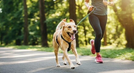 Person jogging with joyful dog on sunny day in park Active lifestyle and exercise