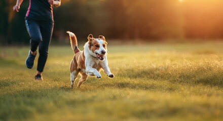 Woman jogging with happy dog in lush green field at sunset