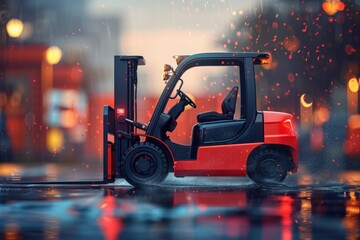 Autonomous forklift in futuristic industrial environment operating during rainy conditions. AI-powered logistics vehicle designed for efficient transportation warehouse management, enhancing.