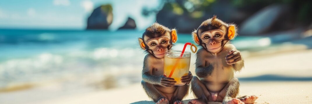 Two playful monkeys wearing sunglasses are relaxing on a sunny beach, sipping refreshing drinks and enjoying their vacation, with space for text