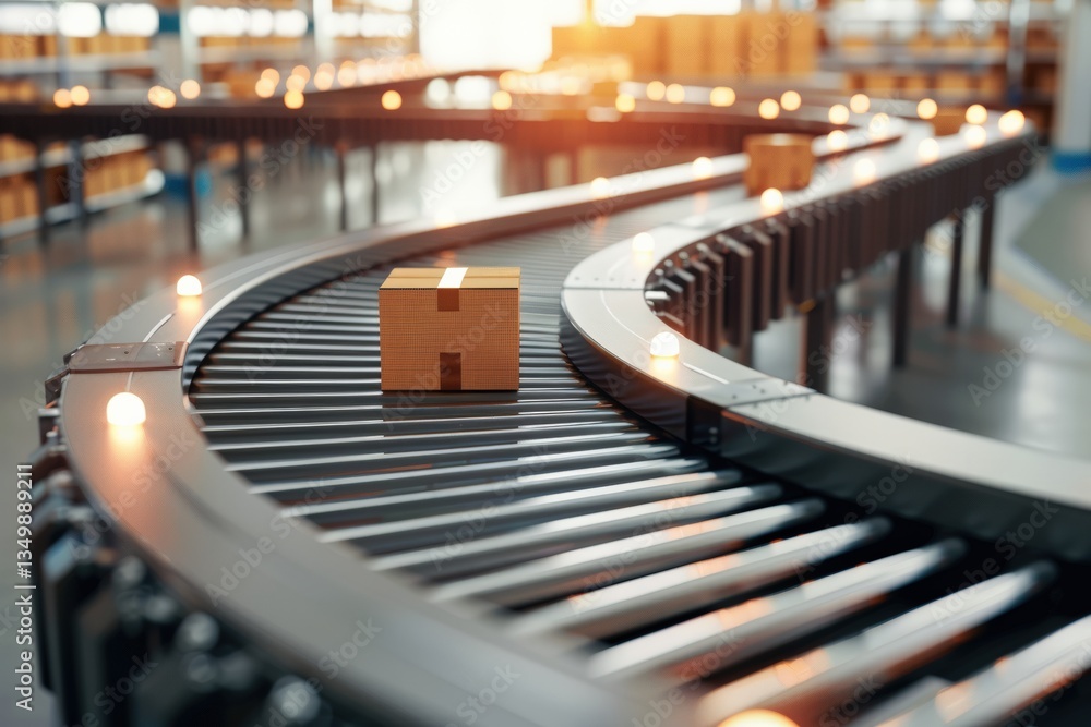 Poster smart warehouse with automated conveyor belts transporting packages efficiently for shipping. concep