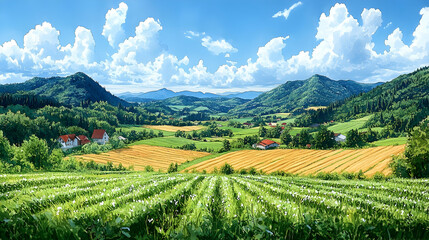Vast green fields and distant mountains meet under a vast bright sunny blue sky in this peaceful countryside vista