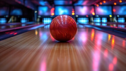 Close up of smooth wooden bowling alley surface and rolling ball reflecting multicolored overhead lights.