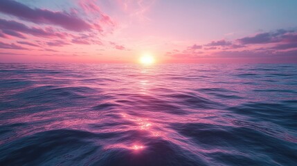 Obraz premium Pink sunset over calm ocean; peaceful scene, ideal for travel or relaxation