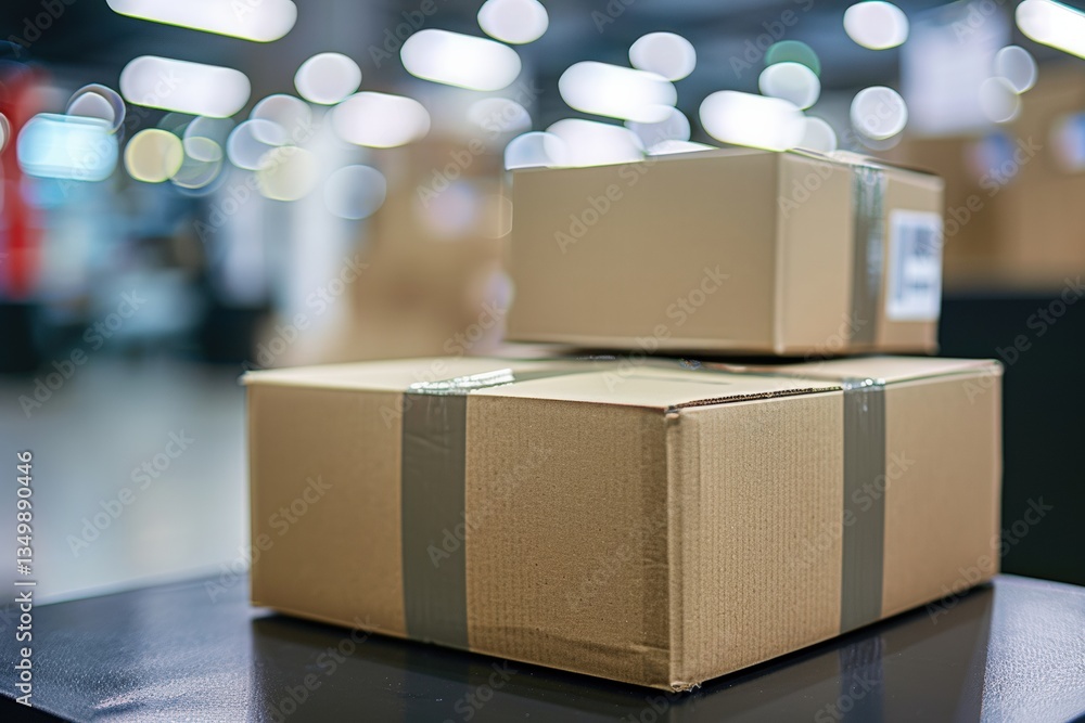 Poster cardboard parcels sealed with packing tape placed on table in busy ecommerce facility. blurred bokeh