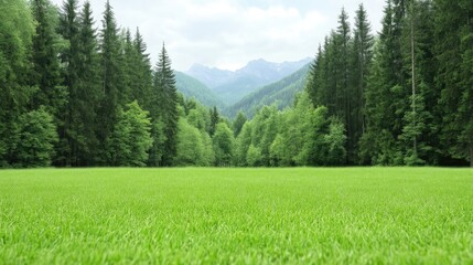 Fototapeta premium Lush green meadow nestled in a valley, framed by towering trees and distant mountains. A tranquil, natural landscape