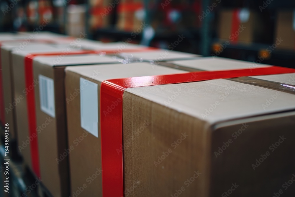 Poster neatly packed parcels with red straps placed in warehouse ready for shipment. industrial storage and