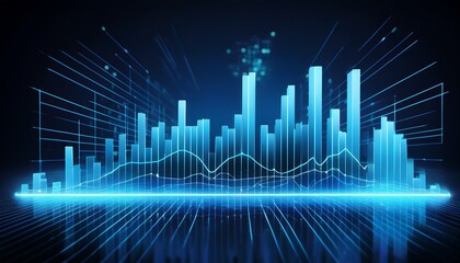 Neon blue bar graph on a dark backdrop representing data insights and tech analytics