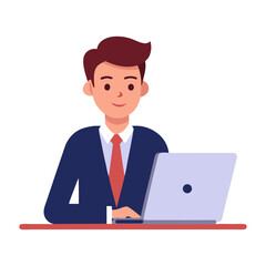 Confident Businessman – Working on Laptop at Modern Desk in Clean Vector Style on Transparent Background