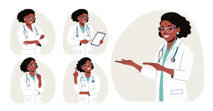 Doctor black woman.Set Different poses.Vector flat style cartoon illustration
