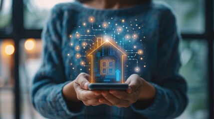 A person is holding a cell phone with a virtual house screen