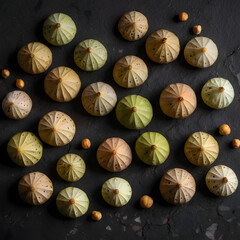 Lotus Seeds and Pods on a Dark Stone Surface
