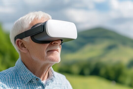 Elderly caucasian male enjoying outdoor virtual reality experience