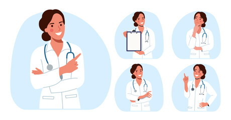Doctor woman.Set Different poses.Vector flat style cartoon illustration