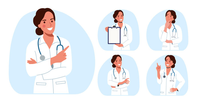 Doctor woman.Set Different poses.Vector flat style cartoon illustration